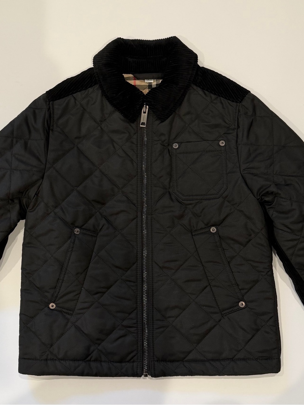 Burberry Kids Black Quilted Lightweight Jacket with Corduroy Collar